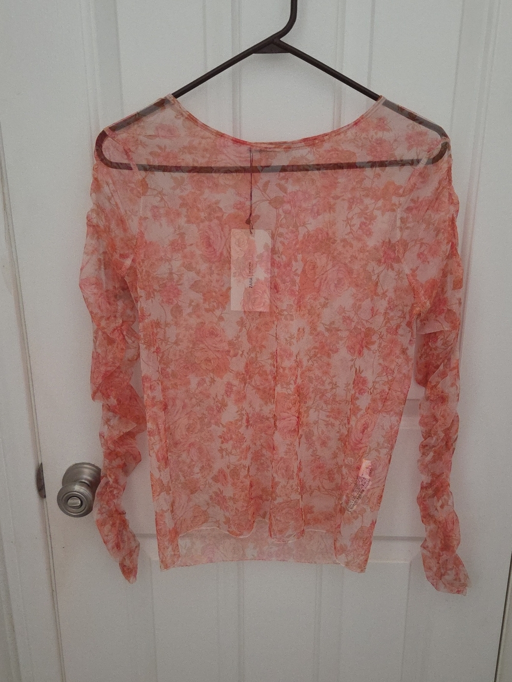 Sheer Floral Long-Sleeve Top - Coral Pink